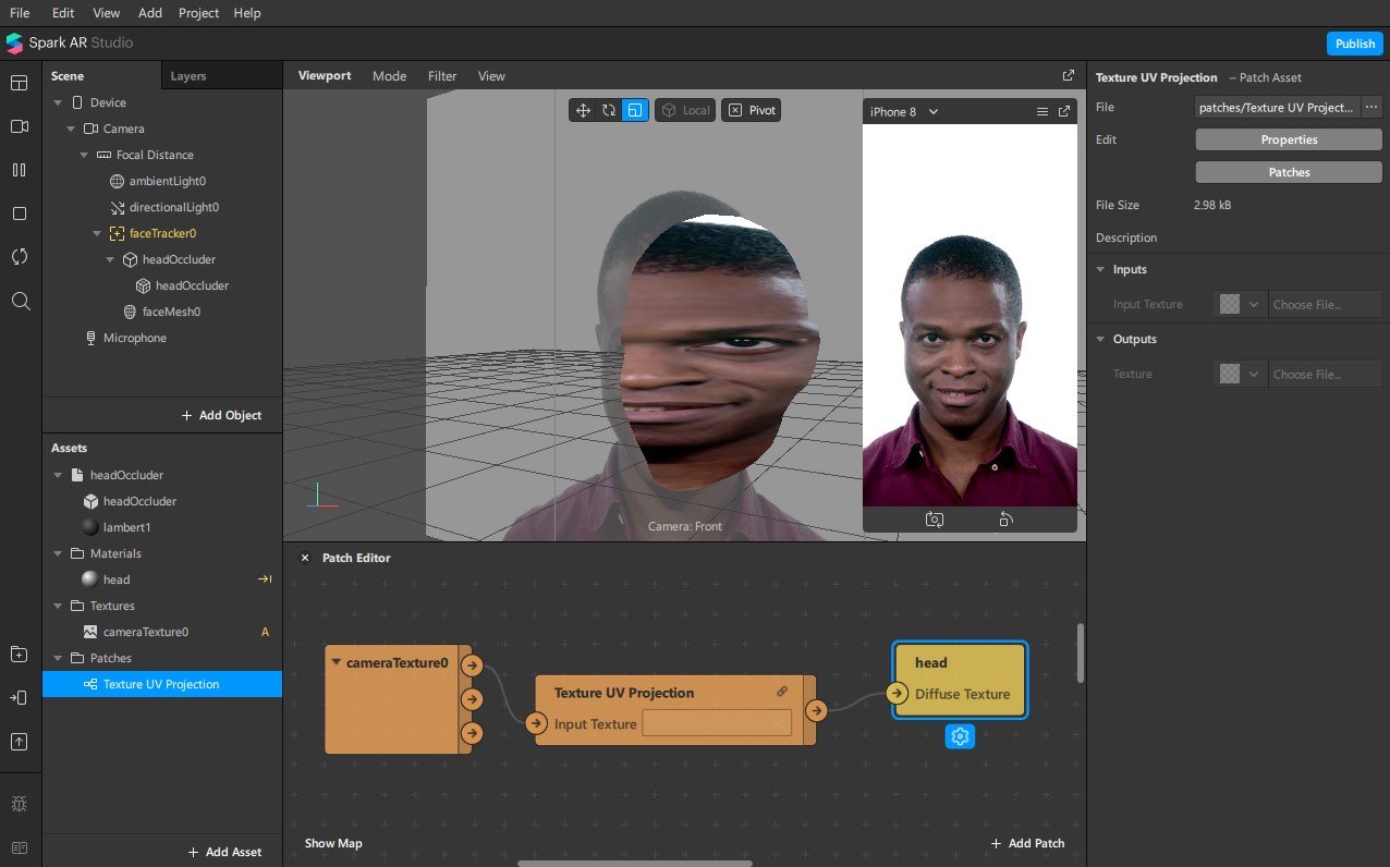 Using texture projection to project the camera texture onto our face and head meshes