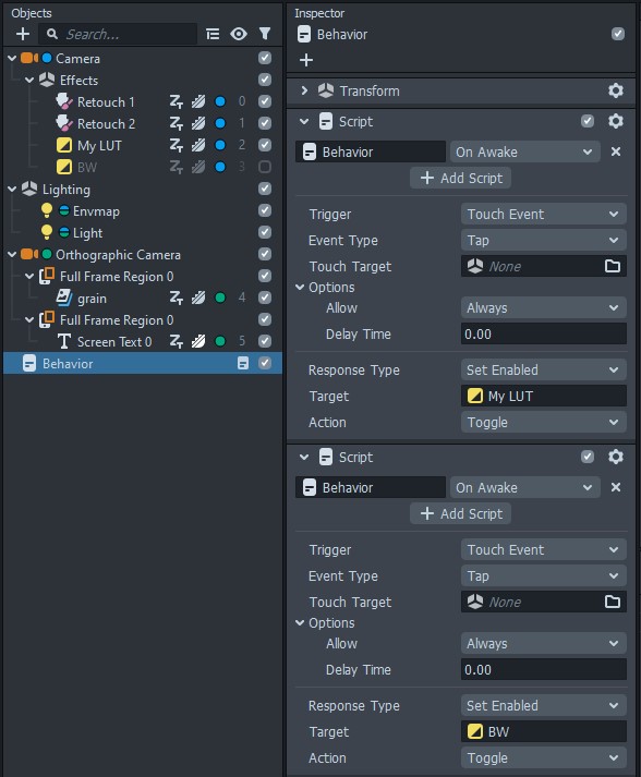 Using two Behavior Scripts to switch between two different scene objects