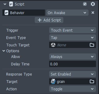 Using the Behavior Script to toggle an object on or off on tap