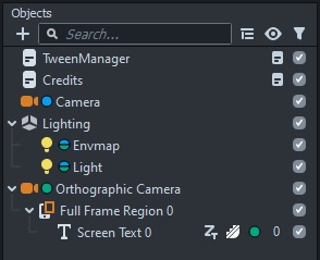Scene setup in the Objects Panel for adding disappearing credits to a lens