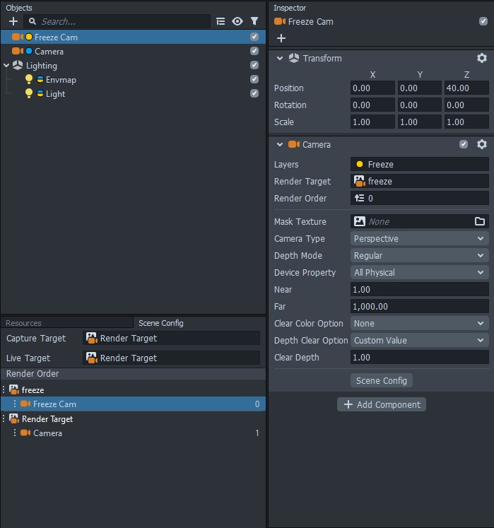 Setting up a new camera and render target for our reduced framerate effect in Lens Studio