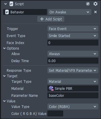 Behavior script setup for changing a material base color when the user smiles