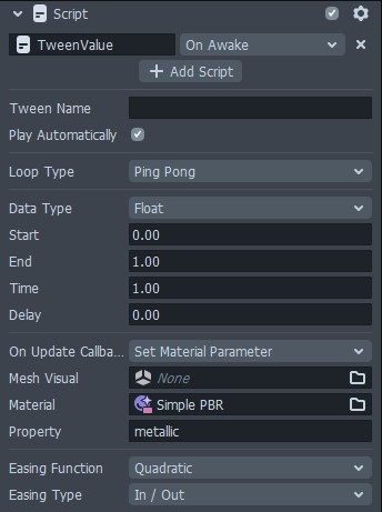 Tween script setup for changing a material metallic value on a continuous loop