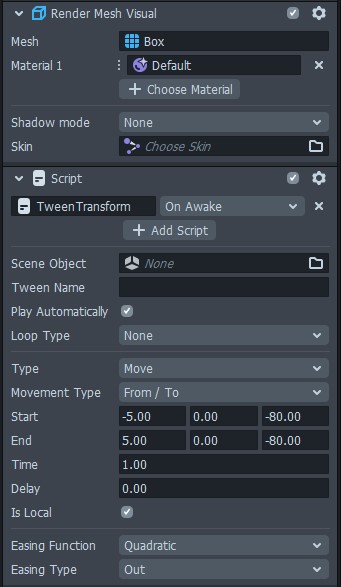 Our initial settings for the TweenTransform script